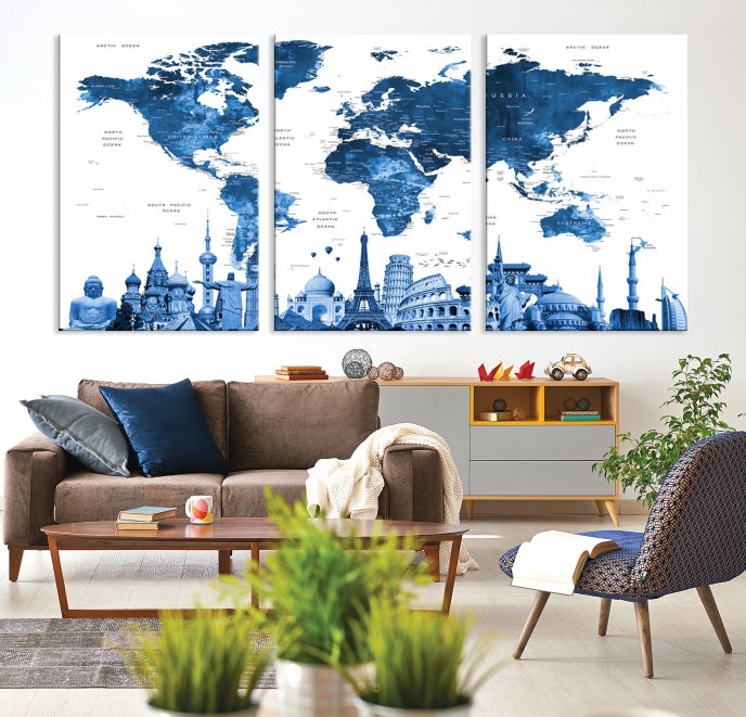 Blue Watercolor World Map Wall Art w/ Wonders of the World Canvas Print